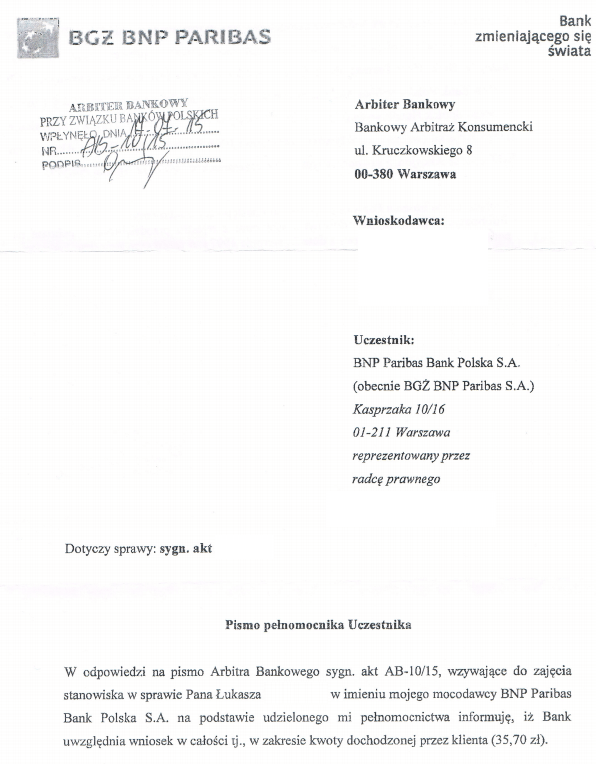 BGŻ BNP Paribas - odpowiedź banku na pismo arbitra