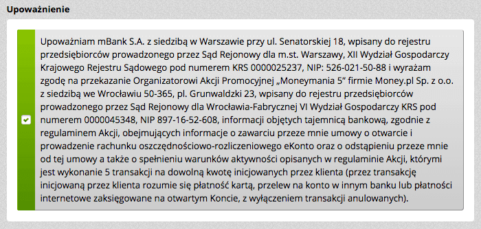 mBank: upoważnienie do przekazania informacji objętych tajemnicą bankową do Money.pl