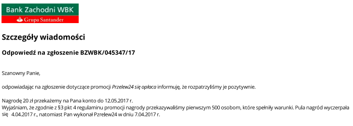 Odpowiedź na reklamację w sprawie promocji 20 zł za Przelew24